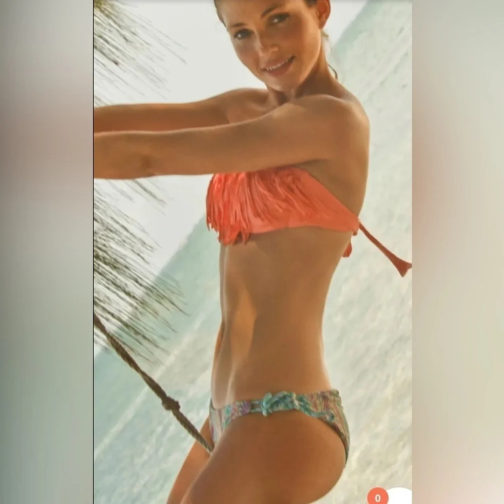 L Space l*space ELECTRIC CORAL Dolly Knotted Fringe Bateau Bikini Top Neon Sexy